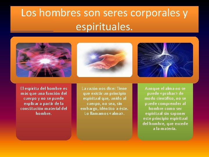 Los hombres son seres corporales y espirituales. El espíritu del hombre es más que