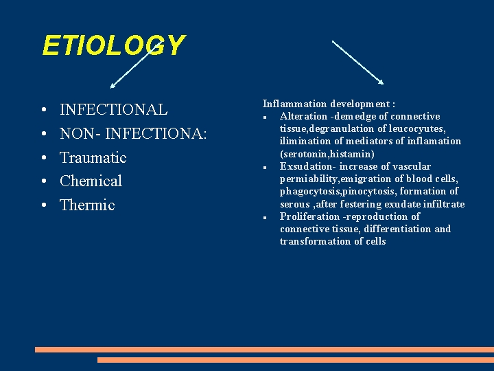ETIOLOGY • • • INFECTIONAL NON- INFECTIONA: Traumatic Chemical Thermic Inflammation development : Alteration