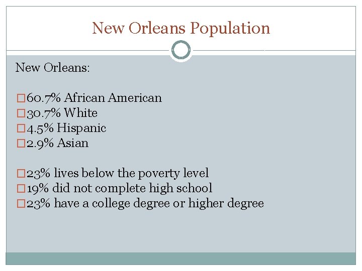 New Orleans Population New Orleans: � 60. 7% African American � 30. 7% White