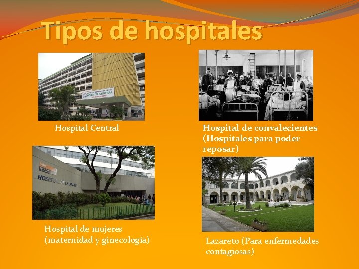 Tipos de hospitales Hospital Central Hospital de mujeres (maternidad y ginecología) Hospital de convalecientes