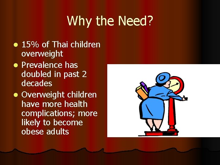 Why the Need? 15% of Thai children overweight l Prevalence has doubled in past