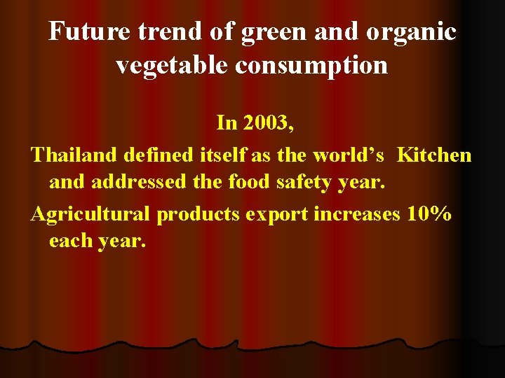 Future trend of green and organic vegetable consumption In 2003, Thailand defined itself as