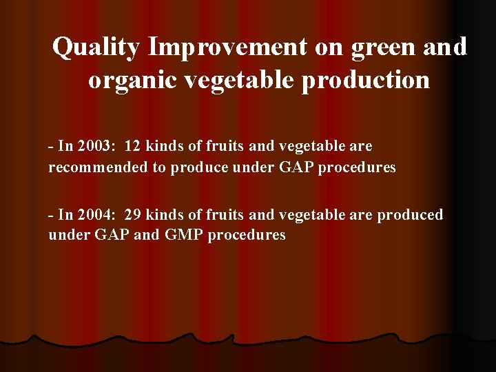 Quality Improvement on green and organic vegetable production - In 2003: 12 kinds of