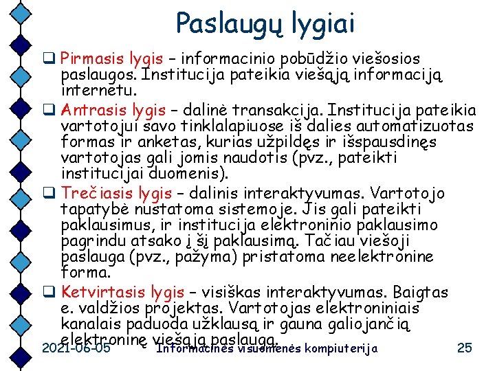 Paslaugų lygiai q Pirmasis lygis – informacinio pobūdžio viešosios paslaugos. Institucija pateikia viešąją informaciją