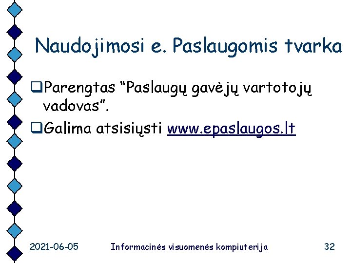 Naudojimosi e. Paslaugomis tvarka q. Parengtas “Paslaugų gavėjų vartotojų vadovas”. q. Galima atsisiųsti www.