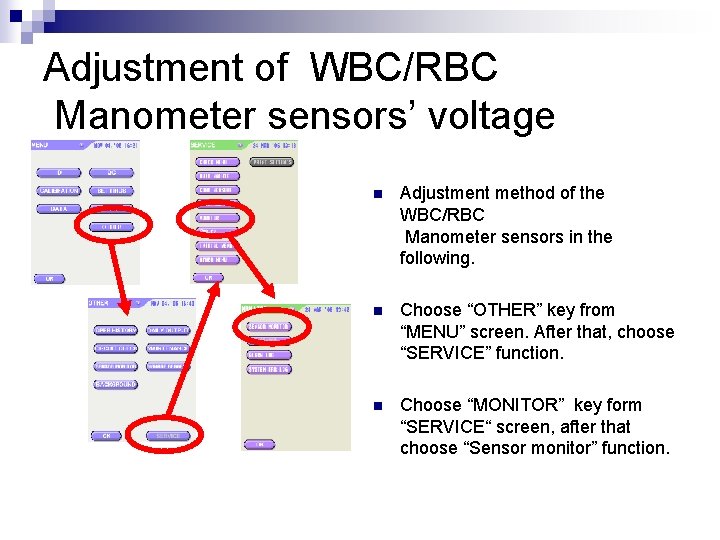 Adjustment of WBC/RBC Manometer sensors’ voltage n Adjustment method of the WBC/RBC Manometer sensors