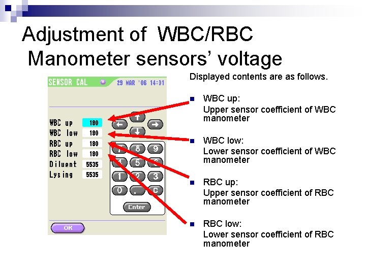 Adjustment of WBC/RBC Manometer sensors’ voltage Displayed contents are as follows. n WBC up: