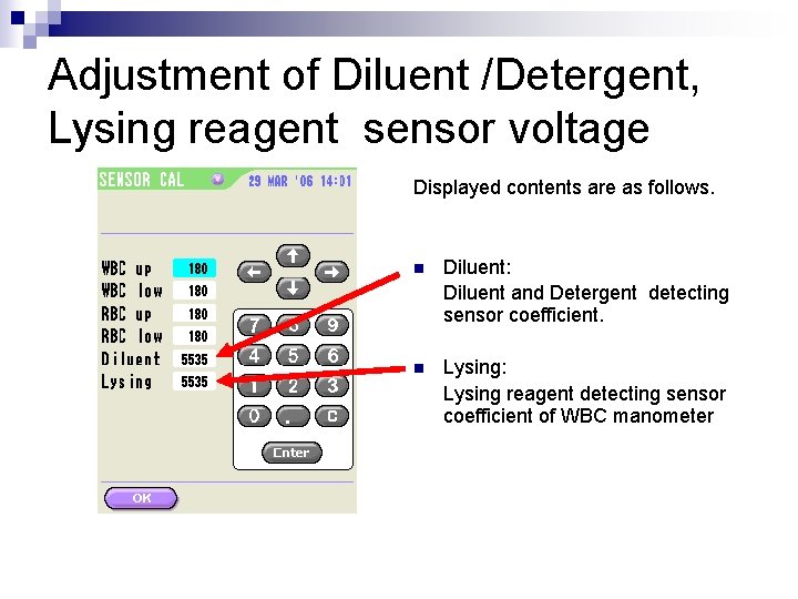 Adjustment of Diluent /Detergent, Lysing reagent sensor voltage Displayed contents are as follows. n