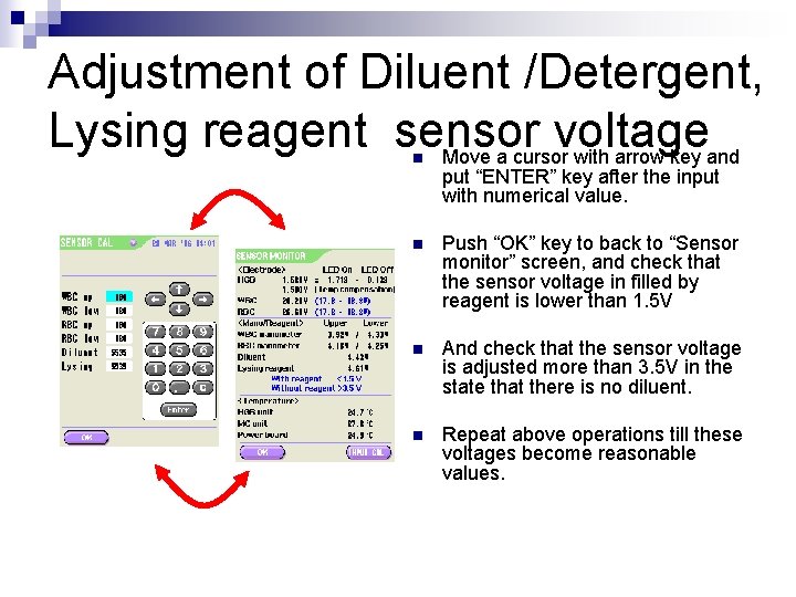 Adjustment of Diluent /Detergent, Lysing reagent sensor voltage Move a cursor with arrow key