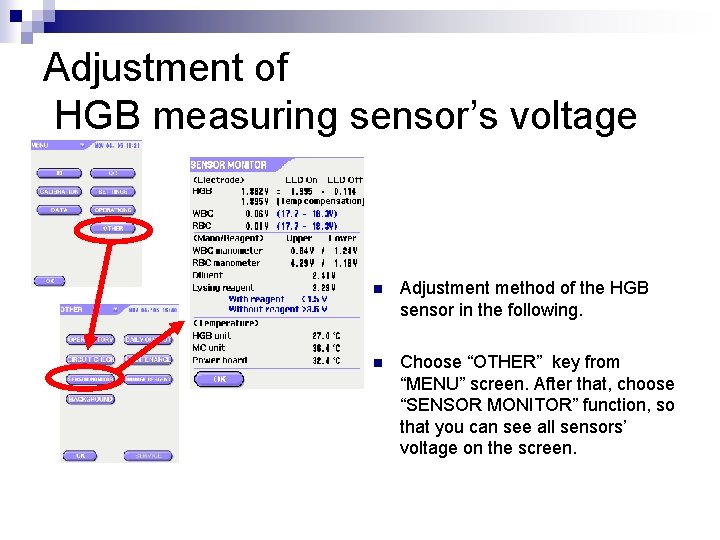 Adjustment of HGB measuring sensor’s voltage n Adjustment method of the HGB sensor in