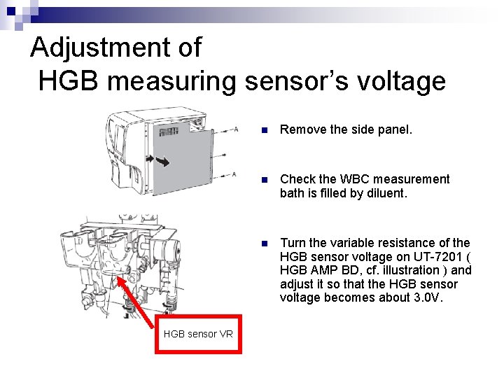 Adjustment of HGB measuring sensor’s voltage HGB sensor VR n Remove the side panel.