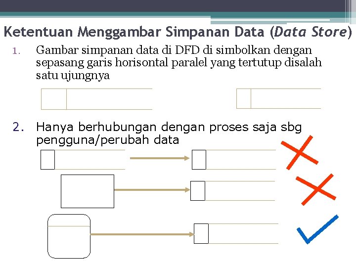 Ketentuan Menggambar Simpanan Data (Data Store) 1. Gambar simpanan data di DFD di simbolkan