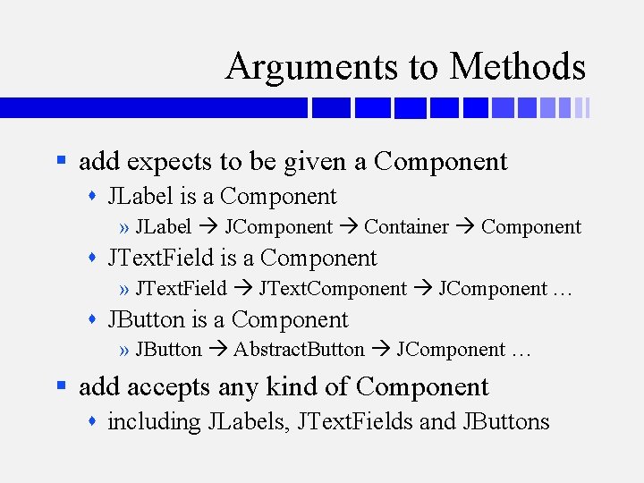 Arguments to Methods § add expects to be given a Component JLabel is a Arguments to Methods § add expects to be given a Component JLabel is a
