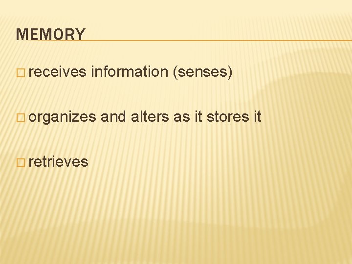 MEMORY � receives information (senses) � organizes � retrieves and alters as it stores
