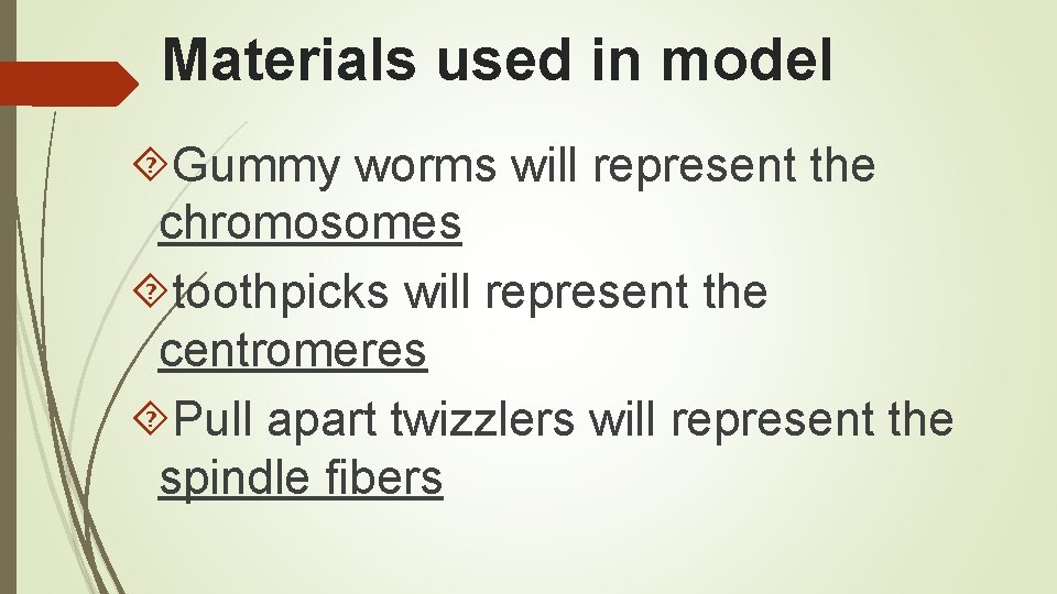 Materials used in model Gummy worms will represent the chromosomes toothpicks will represent the