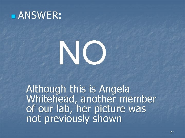 n ANSWER: NO Although this is Angela Whitehead, another member of our lab, her