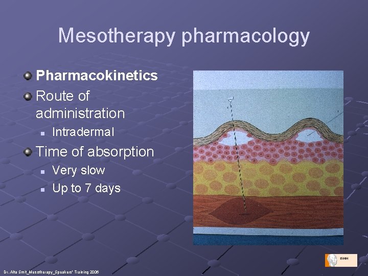 Mesotherapy pharmacology Pharmacokinetics Route of administration n Intradermal Time of absorption n n Very