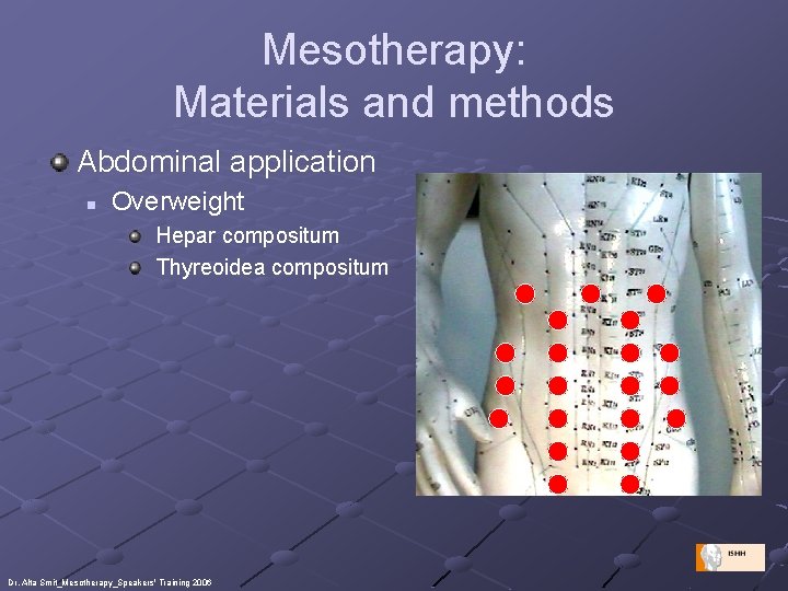 Mesotherapy: Materials and methods Abdominal application n Overweight Hepar compositum Thyreoidea compositum Dr. Alta