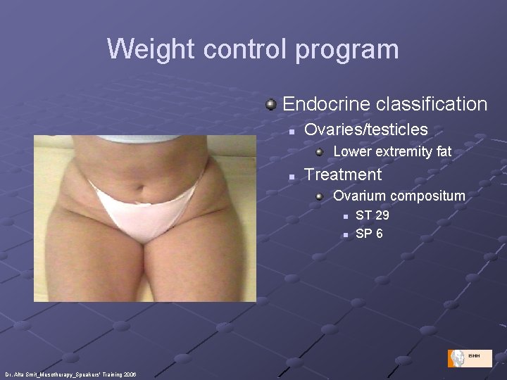 Weight control program Endocrine classification n Ovaries/testicles Lower extremity fat n Treatment Ovarium compositum