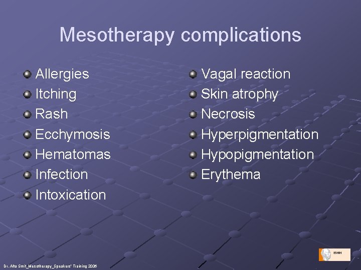 Mesotherapy complications Allergies Itching Rash Ecchymosis Hematomas Infection Intoxication Dr. Alta Smit_Mesotherapy_Speakers' Training 2006