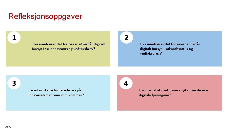 Refleksjonsoppgaver 1 3 // NAV Hva innebærer det for oss at søker får digitalt Refleksjonsoppgaver 1 3 // NAV Hva innebærer det for oss at søker får digitalt