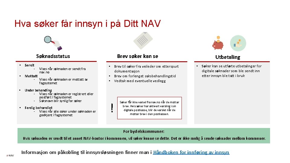 Hva søker får innsyn i på Ditt NAV Søknadsstatus • Sendt - • Mottatt Hva søker får innsyn i på Ditt NAV Søknadsstatus • Sendt - • Mottatt