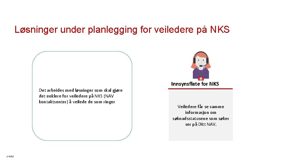 Løsninger under planlegging for veiledere på NKS Innsynsflate for NKS Det arbeides med løsninger Løsninger under planlegging for veiledere på NKS Innsynsflate for NKS Det arbeides med løsninger