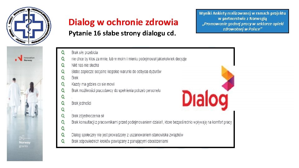 Dialog w ochronie zdrowia Pytanie 16 słabe strony dialogu cd. Wyniki Ankiety realizowanej w