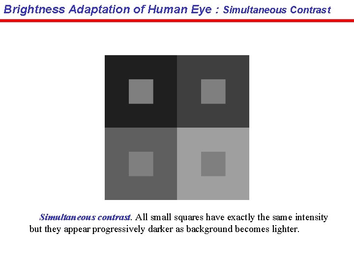 Brightness Adaptation of Human Eye : Simultaneous Contrast Simultaneous contrast. All small squares have