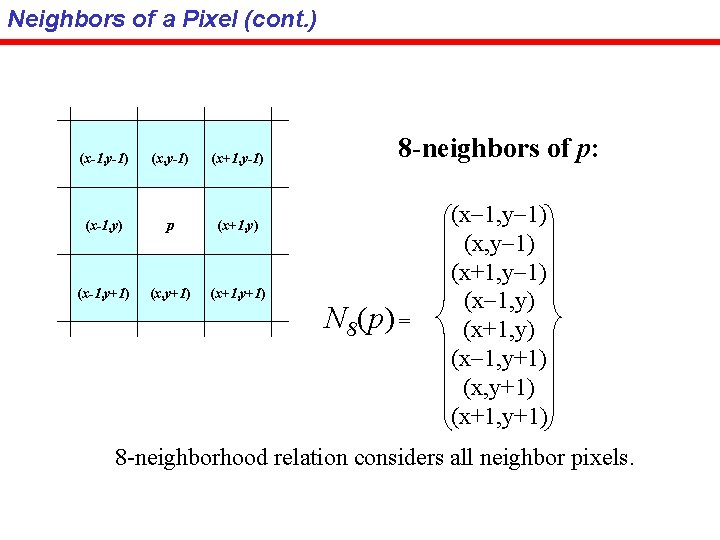 Neighbors of a Pixel (cont. ) (x-1, y-1) (x+1, y-1) (x-1, y) p (x+1,