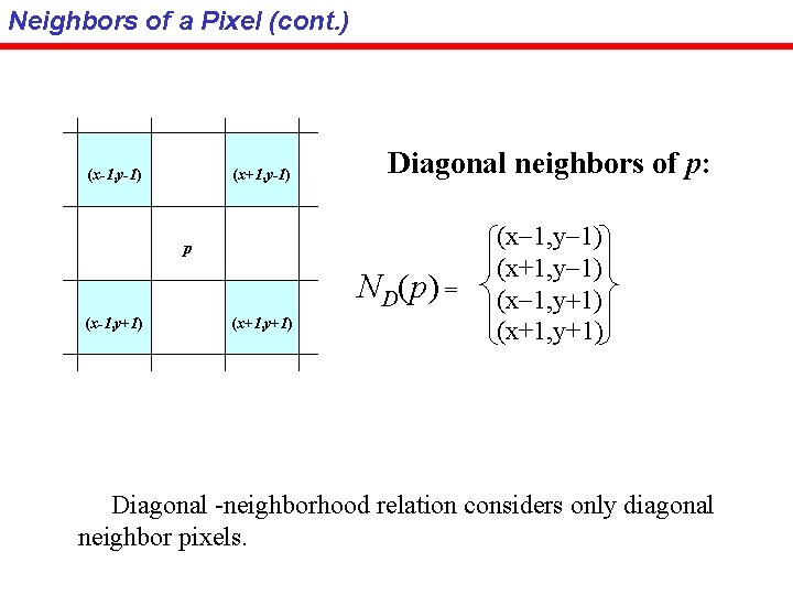 Neighbors of a Pixel (cont. ) (x-1, y-1) (x+1, y-1) Diagonal neighbors of p: