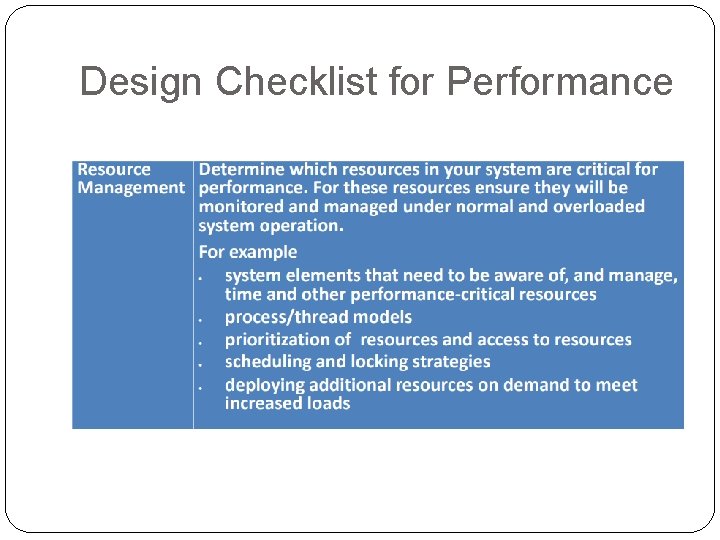 Design Checklist for Performance 