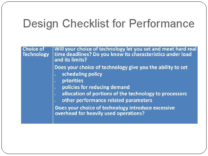 Design Checklist for Performance 
