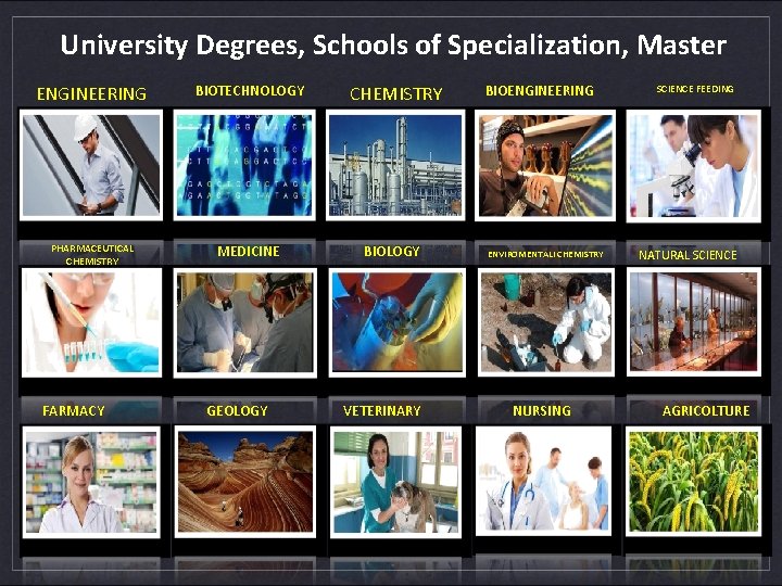 University Degrees, Schools of Specialization, Master ENGINEERING BIOTECHNOLOGY CHEMISTRY PHARMACEUTICAL CHEMISTRY MEDICINE BIOLOGY FARMACY