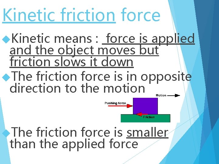 Kinetic friction force Kinetic means : force is applied and the object moves but