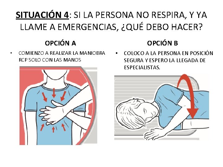 SITUACIÓN 4: SI LA PERSONA NO RESPIRA, Y YA LLAME A EMERGENCIAS, ¿QUÉ DEBO