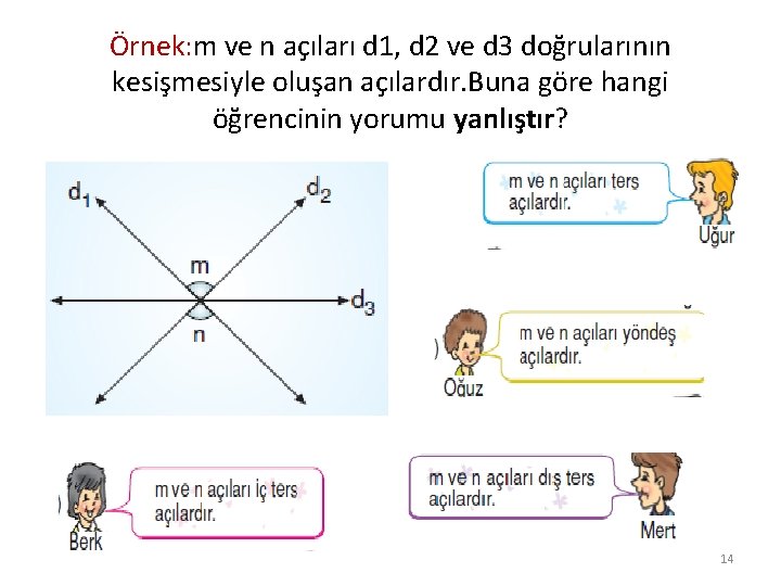 Örnek: m ve n açıları d 1, d 2 ve d 3 doğrularının kesişmesiyle