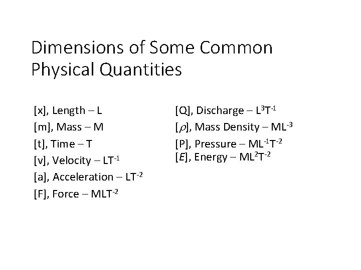 Dimensions of Some Common Physical Quantities [x], Length – L [m], Mass – M