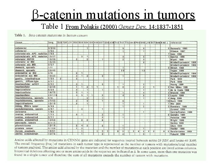 b-catenin mutations in tumors Table 1 From Polakis (2000) Genes Dev. 14: 1837 -1851