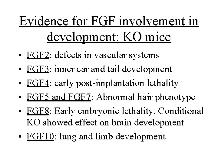 Evidence for FGF involvement in development: KO mice • • • FGF 2: defects