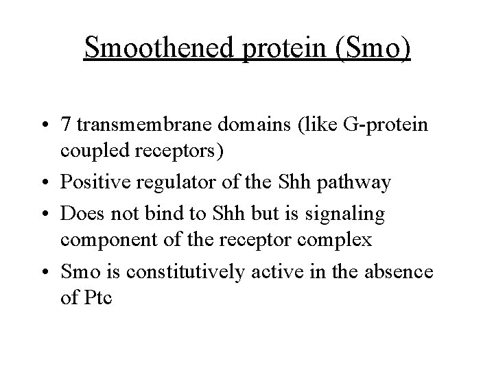 Smoothened protein (Smo) • 7 transmembrane domains (like G-protein coupled receptors) • Positive regulator