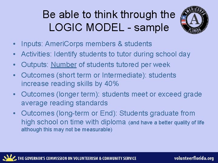 Be able to think through the LOGIC MODEL - sample • • Inputs: Ameri.