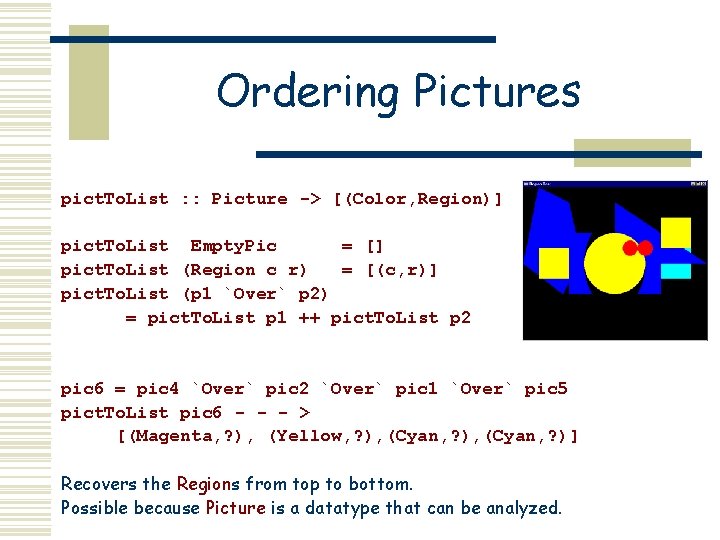 Ordering Pictures pict. To. List : : Picture -> [(Color, Region)] pict. To. List