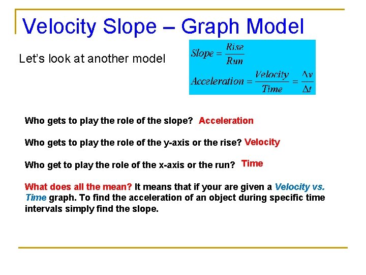 Velocity Slope – Graph Model Let’s look at another model Who gets to play Velocity Slope – Graph Model Let’s look at another model Who gets to play