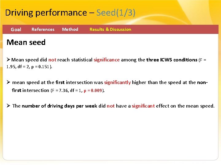 Driving performance – Seed(1/3) Goal References Method Results & Discussion Mean seed ØMean speed