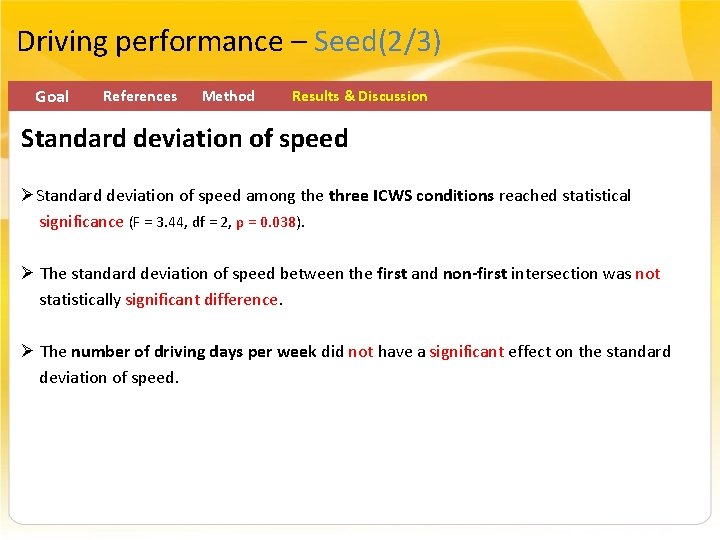 Driving performance – Seed(2/3) Goal References Method Results & Discussion Standard deviation of speed