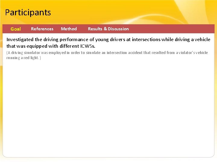 Participants Goal References Method Results & Discussion Investigated the driving performance of young drivers