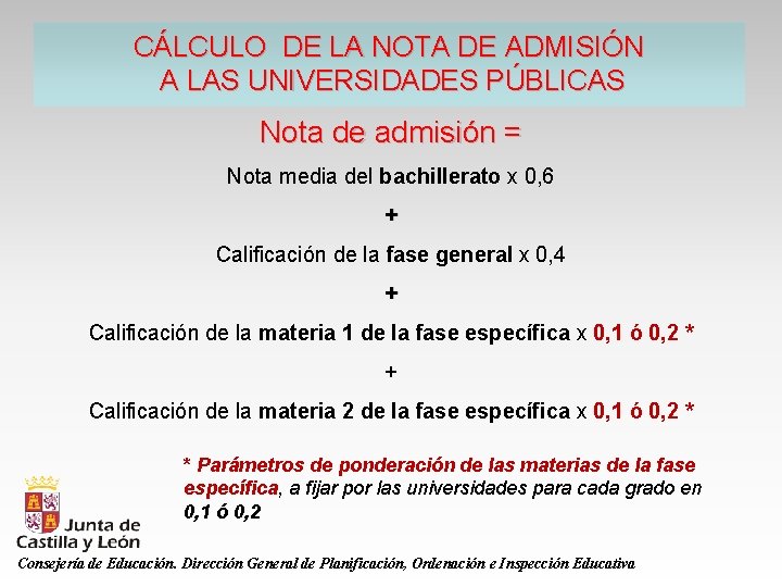 CÁLCULO DE LA NOTA DE ADMISIÓN A LAS UNIVERSIDADES PÚBLICAS Nota de admisión =