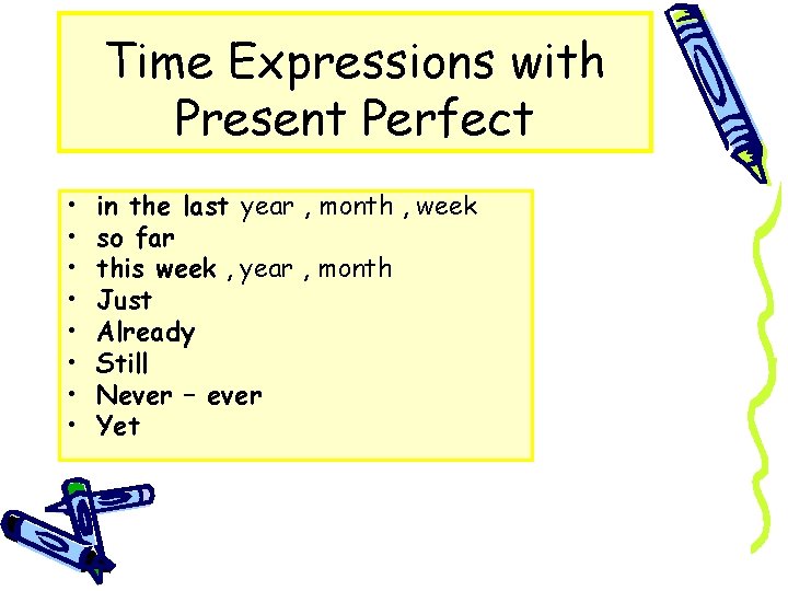 Time Expressions with Present Perfect • • in the last year , month ,