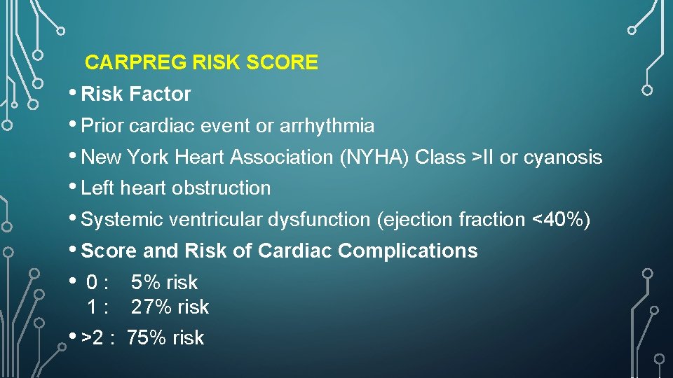 CARPREG RISK SCORE • Risk Factor • Prior cardiac event or arrhythmia • New